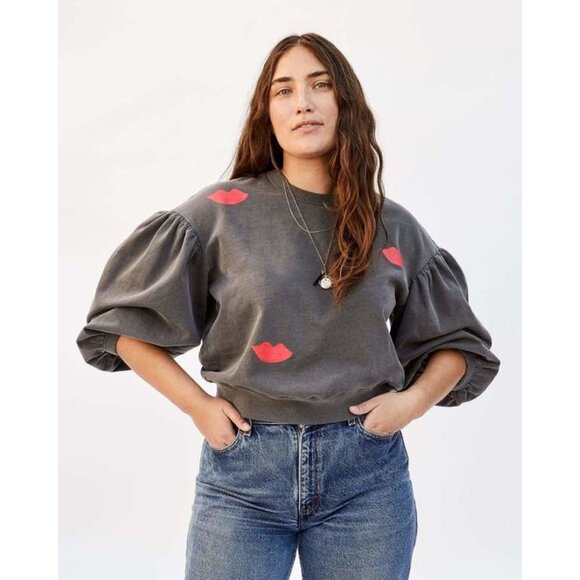 Clare V poppy red washed black puff sleeve lips sweatshirt - Picture 1 of 6